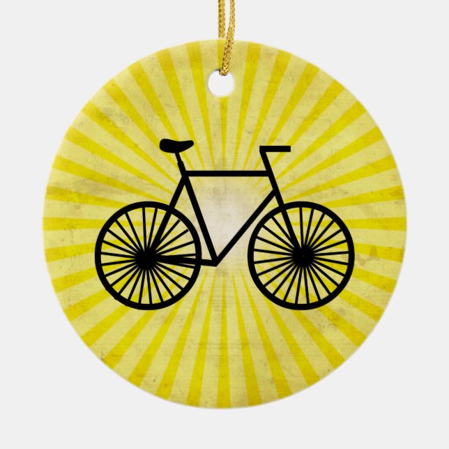 Black Bicycle; Yellow Background Ceramic Tree Decoration (Front)