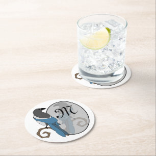 Black Billed Magpie Monogram Round Paper Coaster