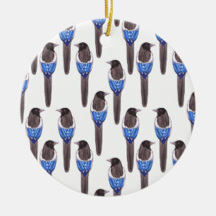 Black billed magpie or American magpie watercolor Ceramic Tree Decoration