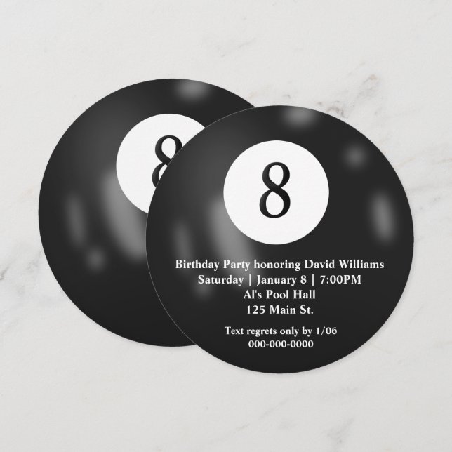 Black Billiard Eight Ball Birthday Party Invitation (Front/Back)
