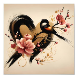 Black Bird and Cherry Blossom Heart Photo Print