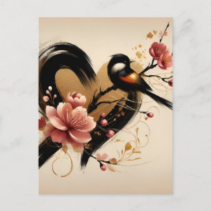 Black Bird and Cherry Blossom Heart Postcard
