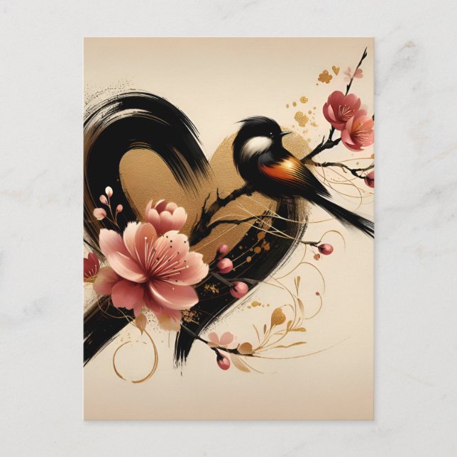 Black Bird and Cherry Blossom Heart Postcard (Front)