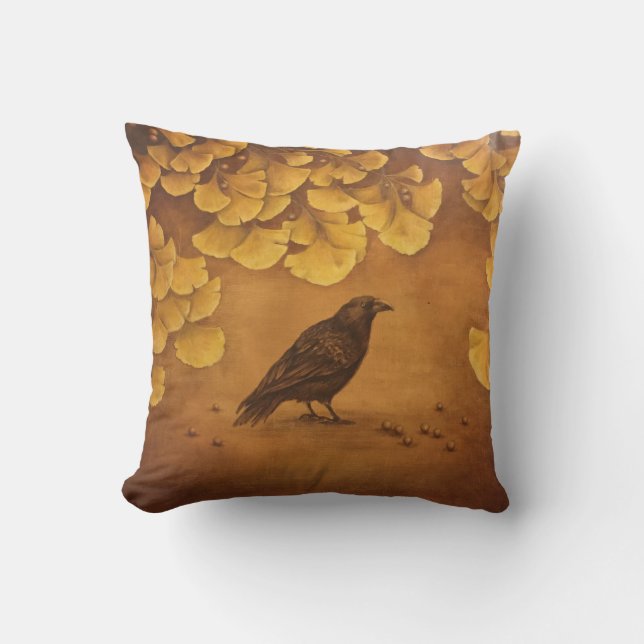 Black bird and golden Ginkgo leaves Cushion (Front)
