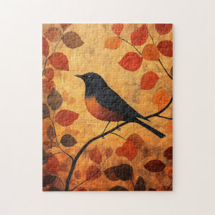 Black Bird Autumn Leaves Artwork Jigsaw Puzzle