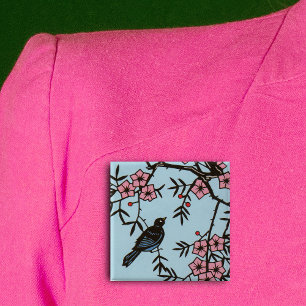 Black Bird Cherry Blossom Tree 15 Cm Square Badge