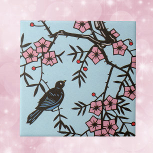 Black Bird Cherry Blossom Tree Tile