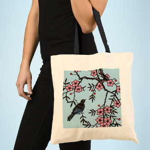 Black Bird Cherry Blossom Tree Tote Bag