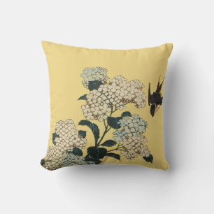 BLACK BIRD FLIES AMONG FLOWERS YELLOW CUSHION