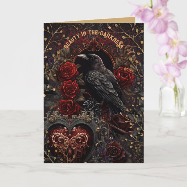 Black Bird Gothic Beauty in Darkness Red Roses  Card (Orchid)