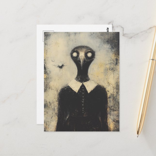 Black Bird in a Black Dress Horror Fantasy Postcard (Front/Back In Situ)