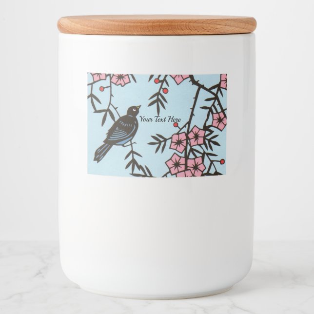 Black Bird in Cherry Tree Pink Blossom Flowers Food Label (Front)