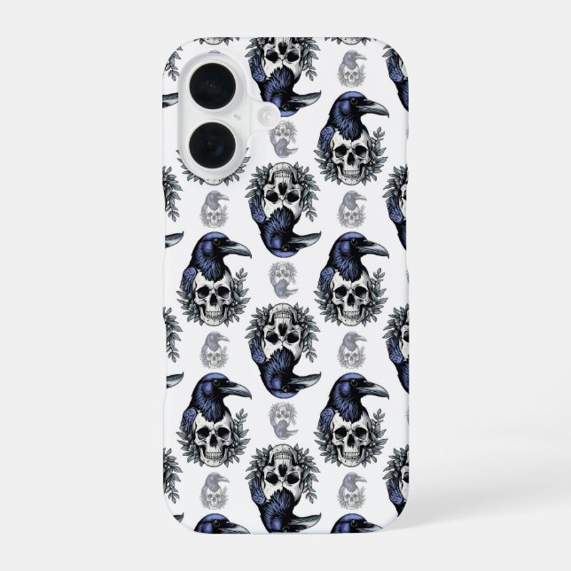 Black Bird On a Skull Goth Pattern Design  iPhone 16 Case (Back)