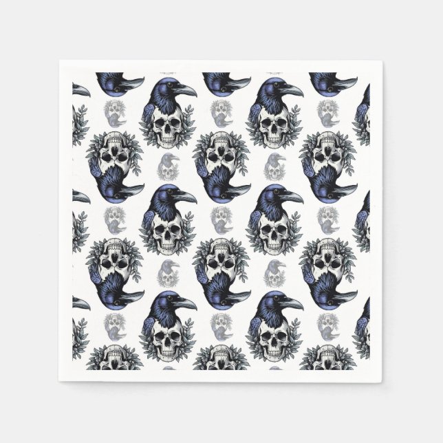 Black Bird On a Skull Goth Pattern Design  Napkin (Front)