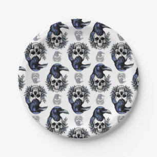 Black Bird On a Skull Goth Pattern Design Paper Plate