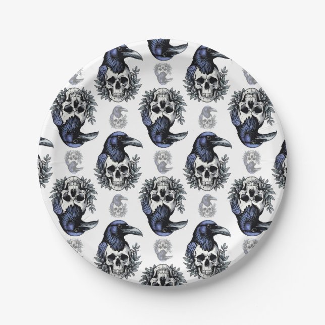 Black Bird On a Skull Goth Pattern Design  Paper Plate (Front)