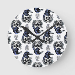 Black Bird On a Skull Goth Pattern Design  Round Clock