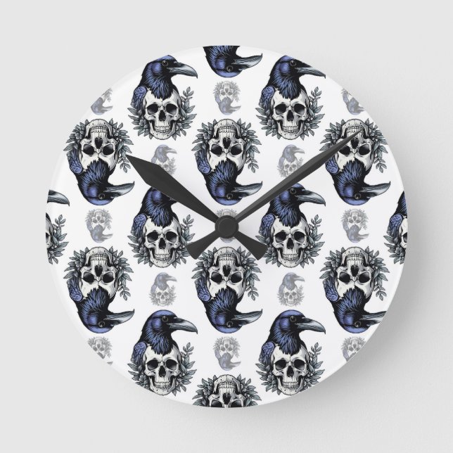 Black Bird On a Skull Goth Pattern Design  Round Clock (Front)