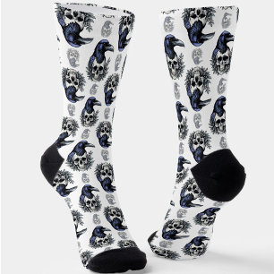 Black Bird On a Skull Goth Pattern Design Socks