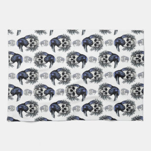 Black Bird On a Skull Goth Pattern Design Tea Towel