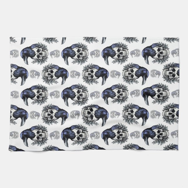 Black Bird On a Skull Goth Pattern Design  Tea Towel (Horizontal)