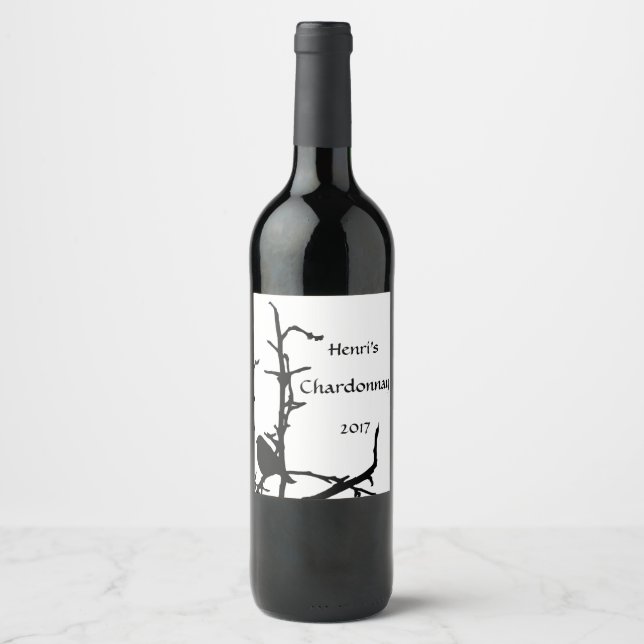 Black Bird on Tree Branch White Wine Label (Front)
