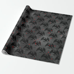 Black Birds and Hearts on Grey Wrapping Paper