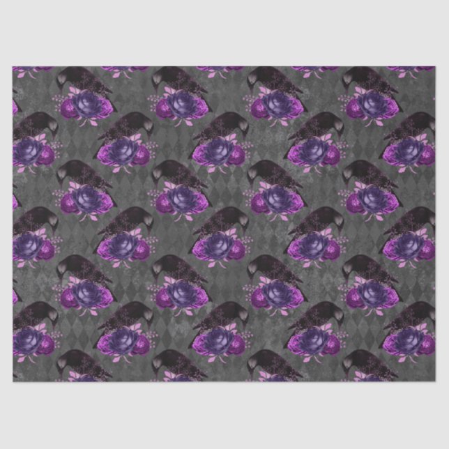 Black Birds and Purple Roses Decoupage Tissue Paper (Front)