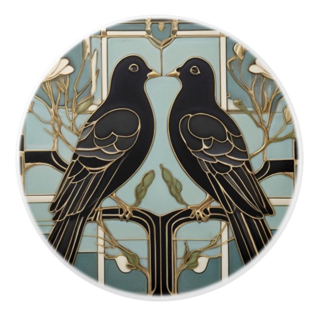 Black Birds Art Nouveau Bird Art Deco dove pigeons Ceramic Knob (Front)