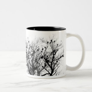Black Birds in trees Two-Tone Coffee Mug