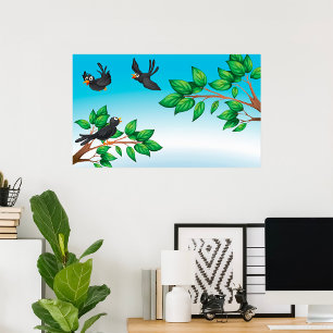 Black Birds on Tree Branches Poster