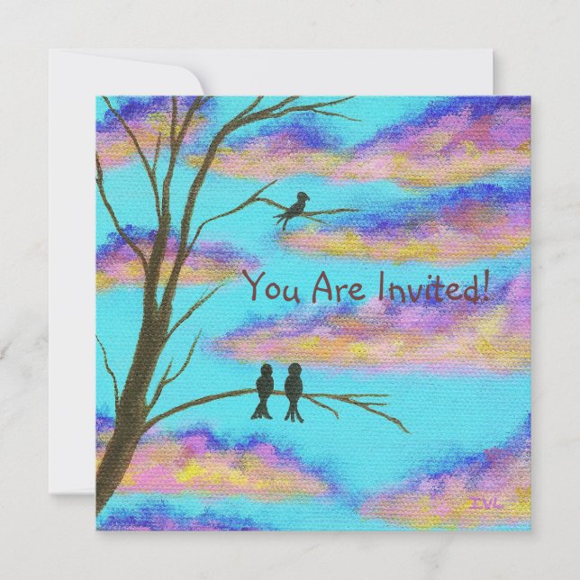 Black Birds on Tree Limbs Colourful Clouds Sky Art Invitation (Front)