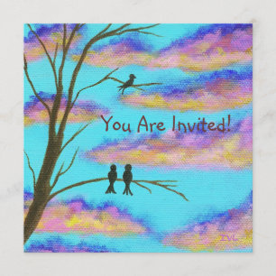 Black Birds on Tree Limbs Colourful Clouds Sky Art Invitation
