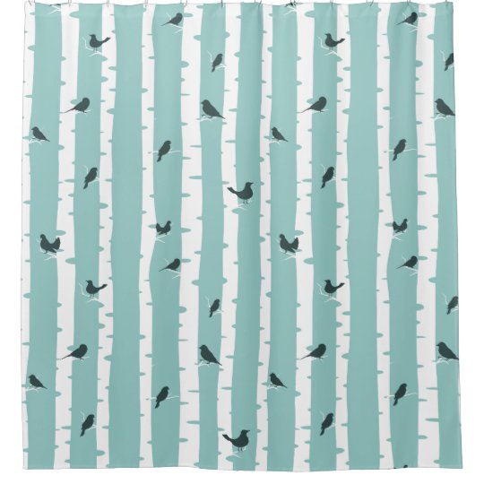 Black Birds On White Birch Trees Shower Curtain