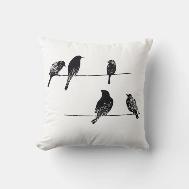 Black birds on wire worn look cushion (Front)