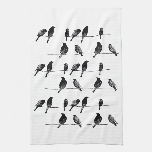 Black birds on wire worn look tea towel (Vertical)