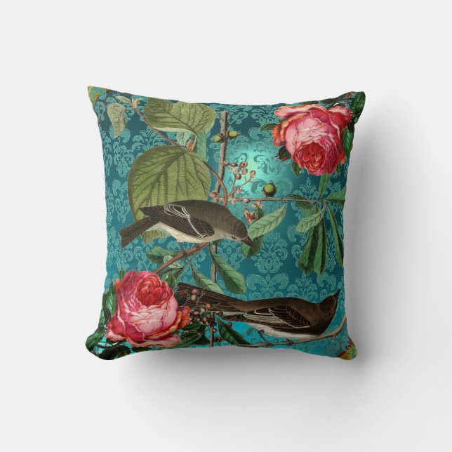 BLACK BIRDS, PINK ROSES AQUA BLUE,TEAL DAMASK CUSHION (Front)