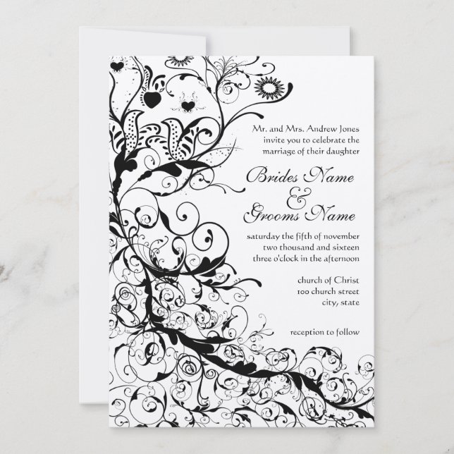 Black Birds & Swirls #8 Wedding Invitation (Front)