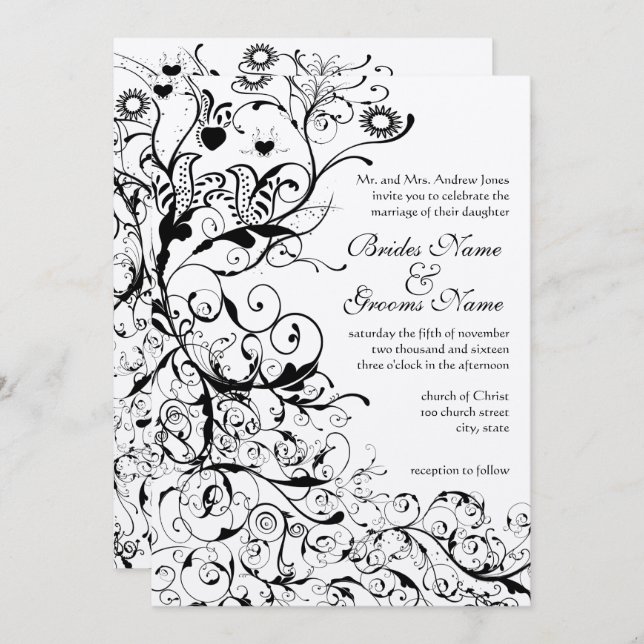 Black Birds & Swirls Wedding Invitation (Front/Back)