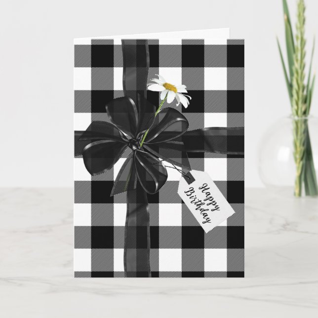 Black Birthday Bow On Plaid Card (Front)