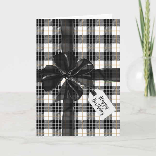 Black Birthday Bow On Tartan Plaid Card (Front)