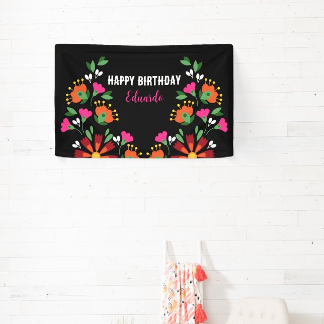 Black Birthday Flower Fiesta Mexican Embroidery Banner (Insitu)