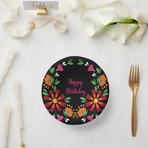 Black Birthday Flower Fiesta Mexican Embroidery Paper Plate
