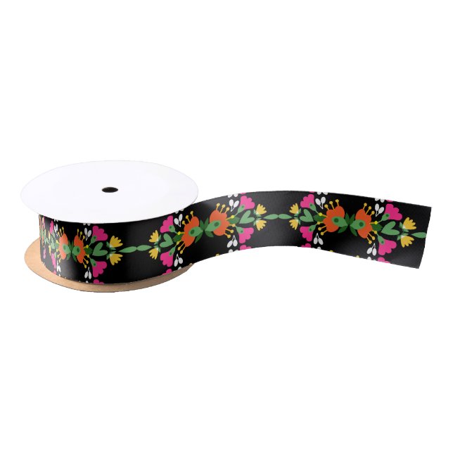 Black Birthday Flower Fiesta Mexican Embroidery Satin Ribbon (Spool)
