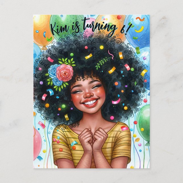Black Birthday Girl With Balloons Art Invitation Postcard (Front)