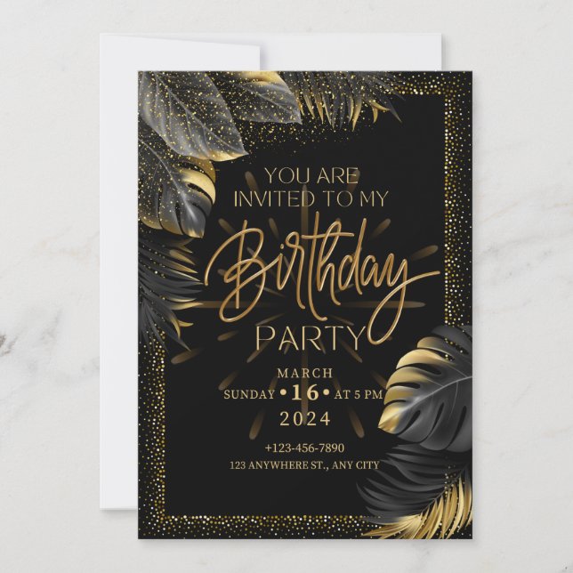 black birthday party invitation card (Front)