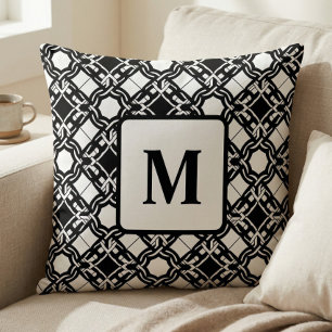 Black Black White Art Deco Monogram Pattern Cushion