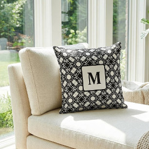 Black Black White Art Deco Monogram Pattern Cushion