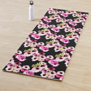 Black Blooms Blush Pink Spring Floral Watercolor Yoga Mat