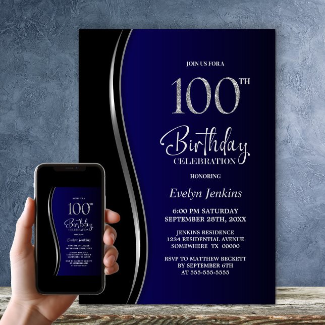 Black Blue 100th Birthday Party Invitation (Creator Uploaded)